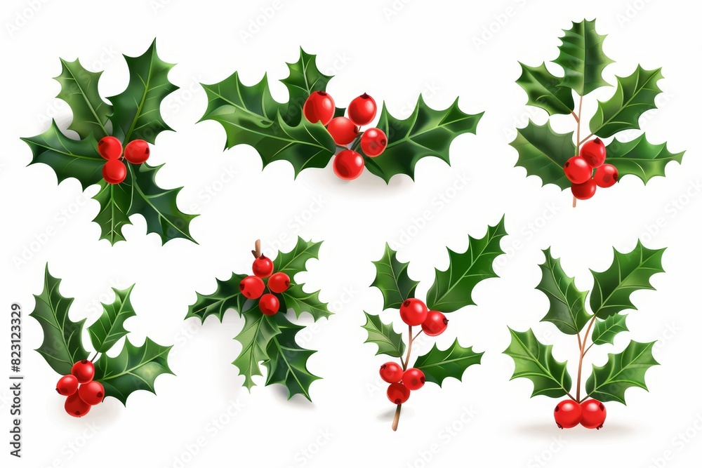 Set of three realistic modern icons. Holly, red berries.