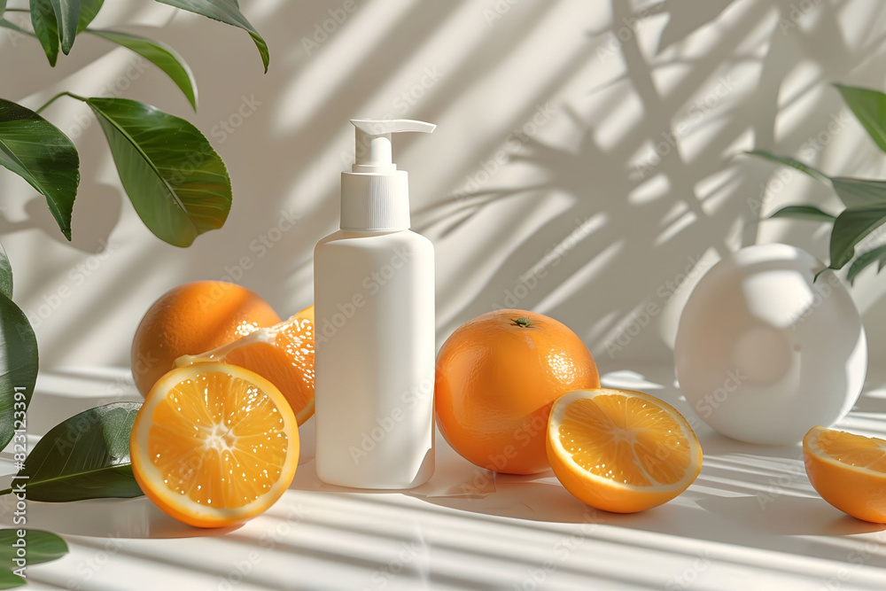 Oranges and lotion bottle on table