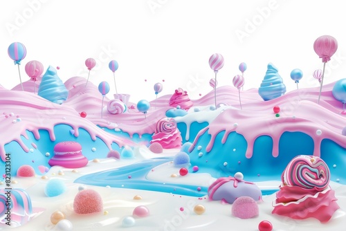 Modern illustration of a sweet landscape with candies on a milk river.