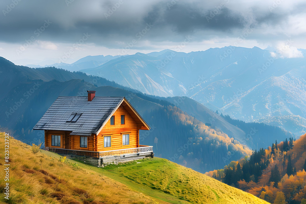 A cabin on hill with mountain backdrop
