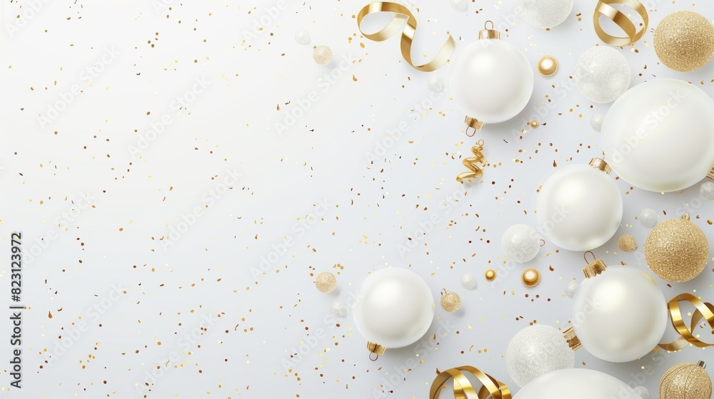 A modern illustration of a wide horizontal banner showing an elegant white Christmas celebration with golden confetti in the top view
