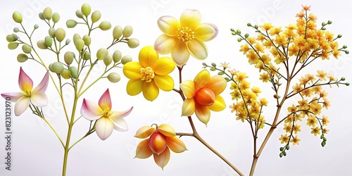 Set of delicate yellow Berberis thunbergii flowers, pink Chamelaucium, and white Gypsophila isolated on a white background photo