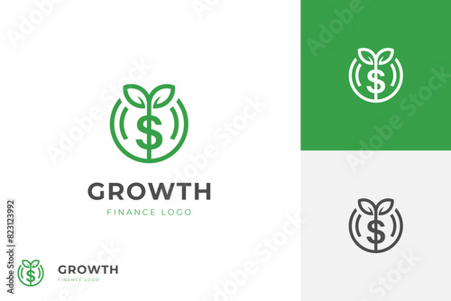 Money Grow logo icon design, coin with leaf sprout graphic element symbol, sign for investment, growth financial vector logo template