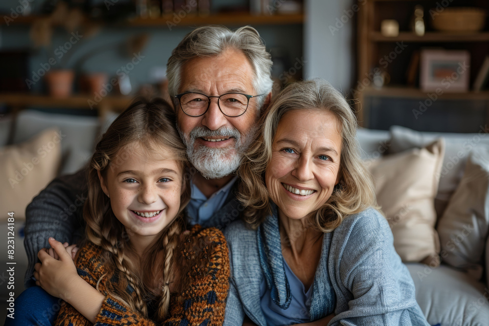 Elderly grandparents and granddaughter sitting together on a cozy sofa, smiling warmly, capturing a moment of love Elderly grandparents and granddaughter sitting together on a cozy sofa, smiling warmly, capturing a moment of love