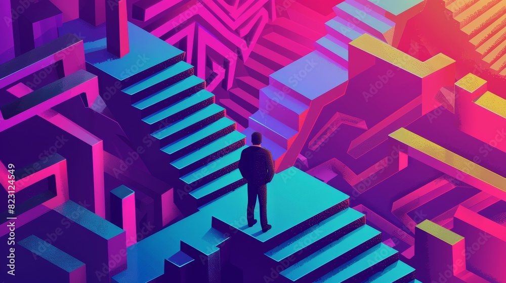 Confusing Steps This is an isometric landing page showing businessman standing at ...