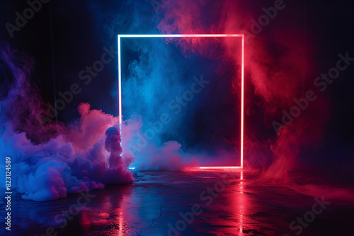 Sparkled square frame with blue and ded smoke on dark background. Glowing border. photo