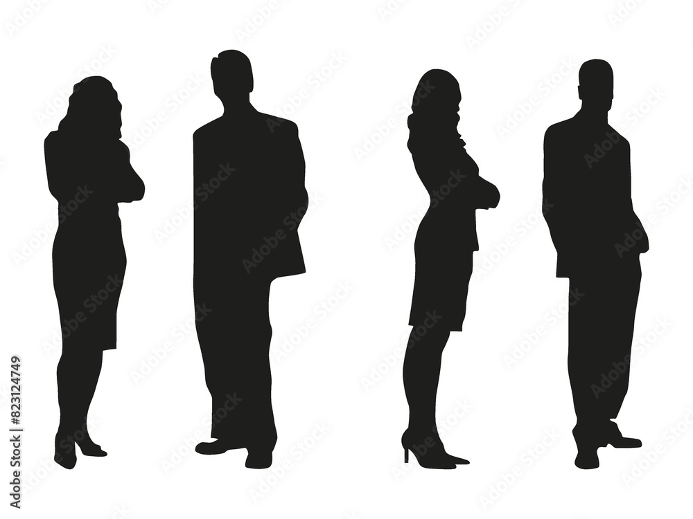 Flat illustration. Black silhouettes of a man and a woman isolated on a white background. Business people...