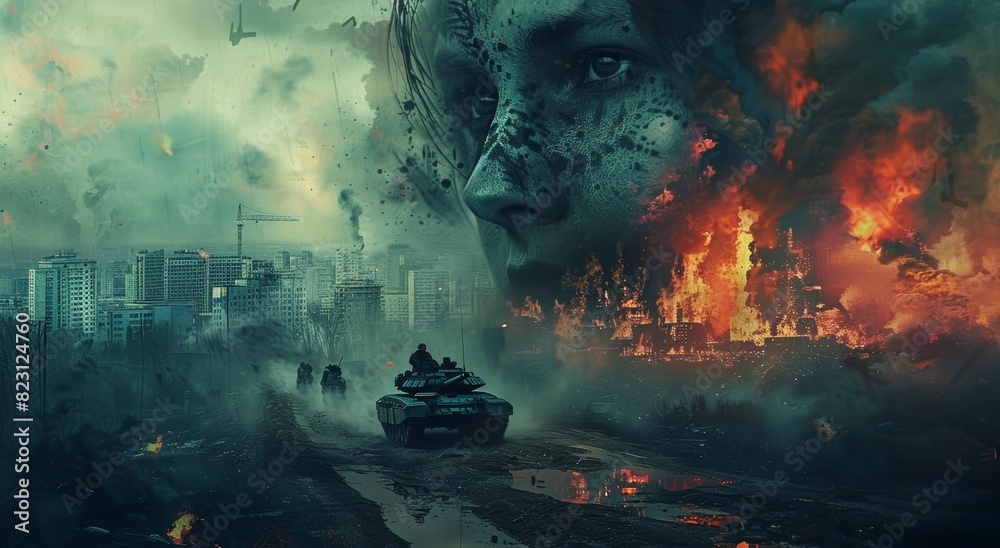 Surreal Fusion of Woman's Face and Devastated Urban Landscape with Fiery Tanks Surreal Fusion of Woman's Face and Devastated Urban Landscape with Fiery Tanks