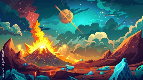 Illustration of prehistoric Earth surface with meteorite crater, fire, lava flows, and smoke. Landscape of Jurassic period with erupted volcano and fallen meteor. photo