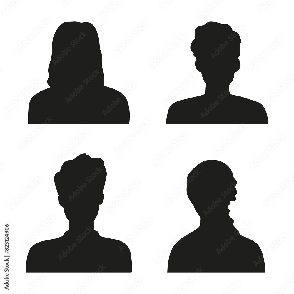 Flat illustration. Silhouettes of men and women in black. Avatar, user profile, person icon, profile picture. Suitable for social media profiles, icons, screensavers and as a template... Flat illustration. Silhouettes of men and women in black. Avatar, user profile, person icon, profile picture. Suitable for social media profiles, icons, screensavers and as a template...