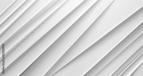 Abstract white background with diagonal lines creating a minimalist and modern design. The layered structure features smooth surfaces and subtle shadows, adding depth and texture