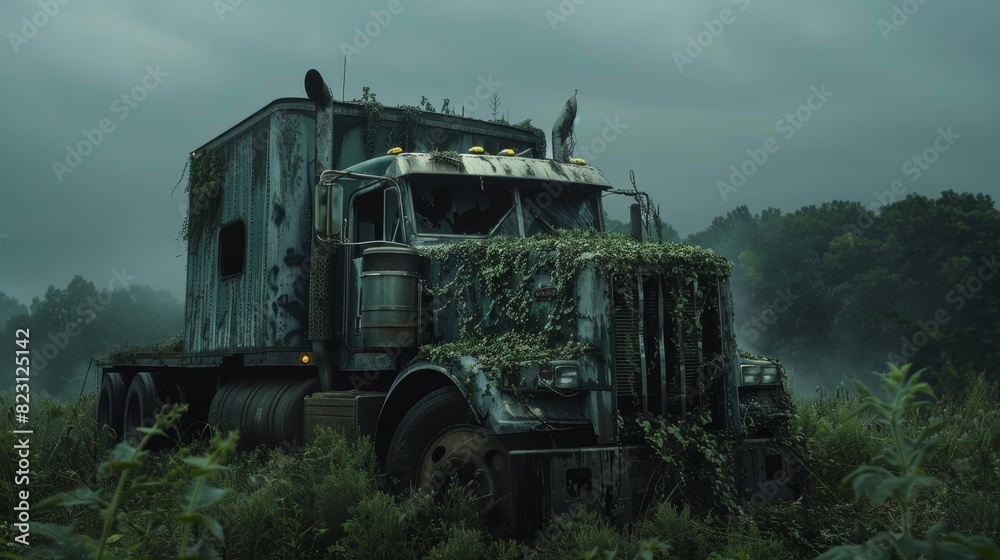 Fototapeta premium A truck is covered in green plants and is parked in a field