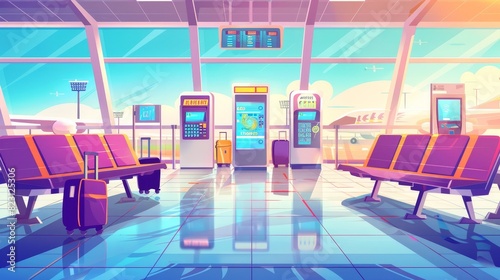 A cartoon modern illustration of an airport waiting room with chairs, luggage, a security scanner, and display of the departure schedule. A cartoon modern illustration of a departure center with a photo