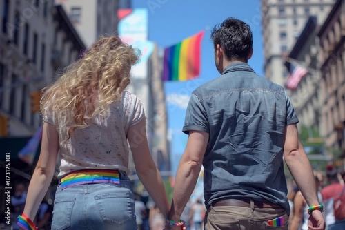 LGBTQ+, a couple walking hand in hand down a city street, with one wearing a rainbow bracelet and a Pride flag hanging from a balcony in the background