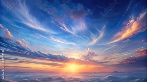 Dreamy sunrise sky with wispy clouds in a pastel blue hue photo