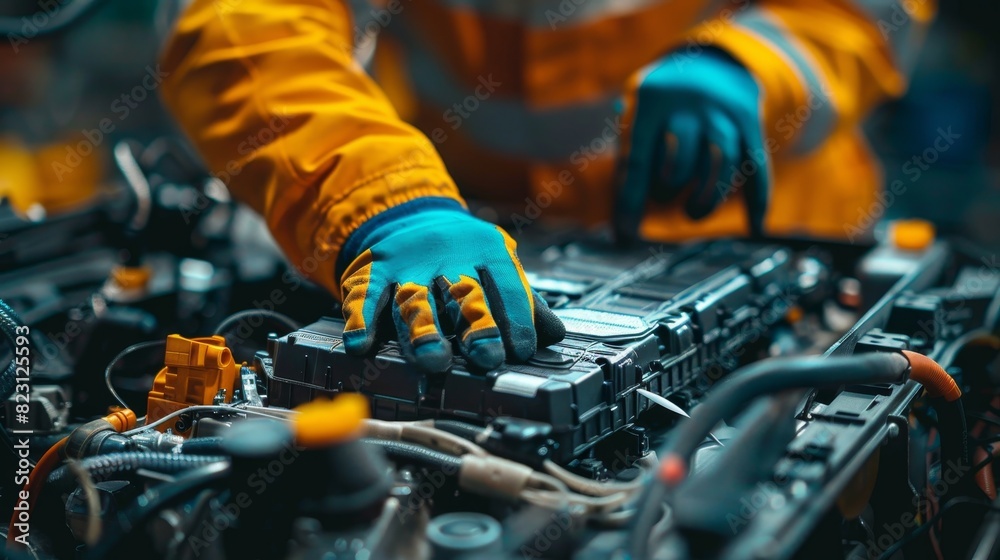 A mechanic is working on a car engine, wearing a yellow jacket and blue gloves A mechanic is working on a car engine, wearing a yellow jacket and blue gloves