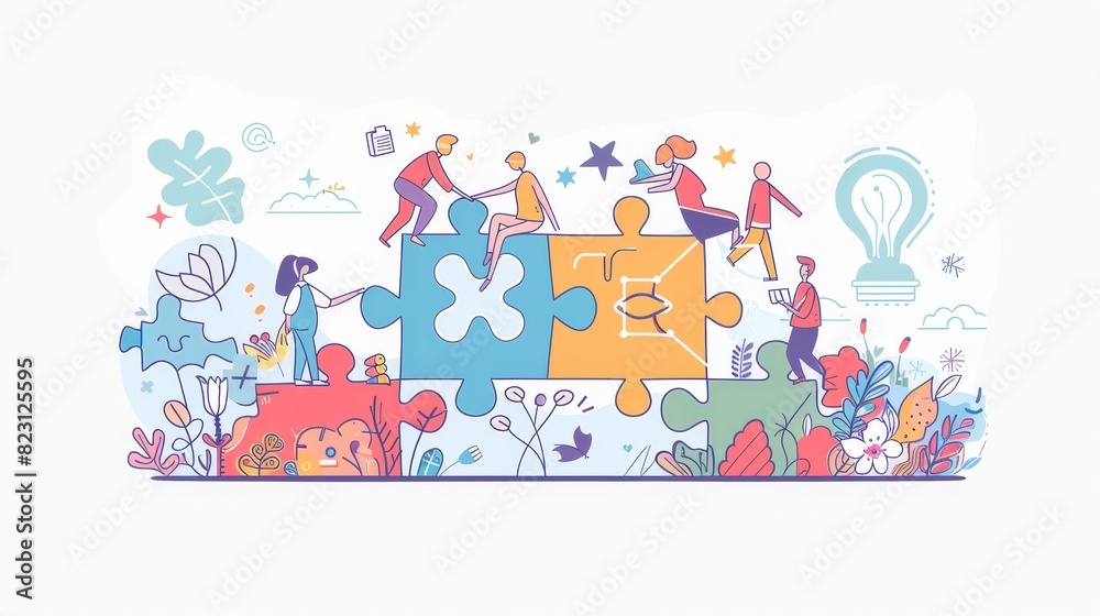 Collaborative landing page. Business people assembling puzzle pieces. Coworking colleagues working process, modern line art web banner.