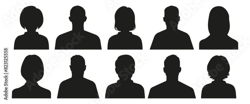 Flat illustration. Ten icons. Black silhouette of men and women. Avatar, user profile, person icon, profile picture. Suitable for social media profiles, icons, screensavers and as a template..