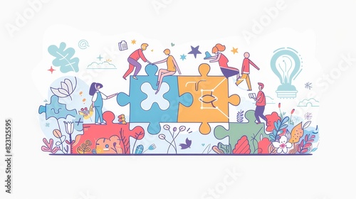 Collaborative landing page. Business people assembling puzzle pieces. Coworking colleagues working process, modern line art web banner.