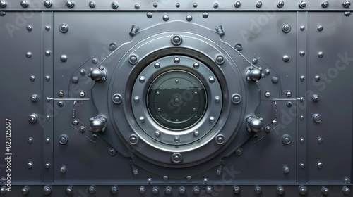 An industrial steel bulletproof doorway with illuminator and rotary lock wheel realistic 3D modern illustration of a ship or secret laboratory. photo