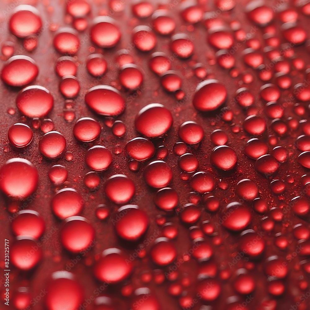 This image shows a close-up of red water droplets on a red surface, creating a vibrant and glossy texture. This image shows a close-up of red water droplets on a red surface, creating a vibrant and glossy texture.