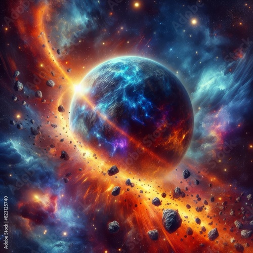 Vibrant digital illustration of a cosmic event featuring an exploding planet surrounded by asteroids and a bright starburst  set against a colorful space backdrop.. AI Generation