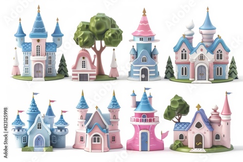 Castles and sweet houses. 3D modern cartoons