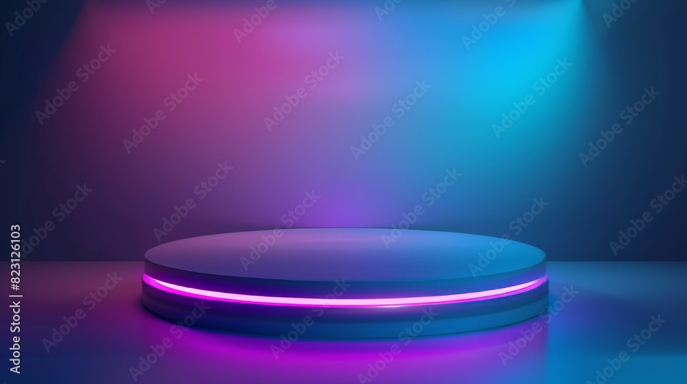 The futuristic neon podium mockup gives the impression of an empty podium used for presentation or placement of products