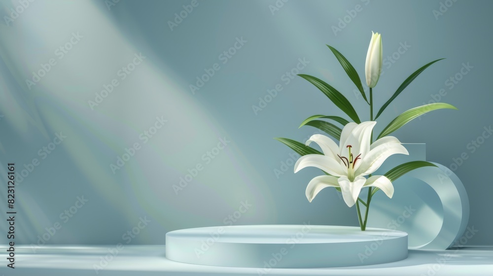 This is a realistic podium or platform scene with beautiful ornamental lilies for presenting products This is a realistic podium or platform scene with beautiful ornamental lilies for presenting products