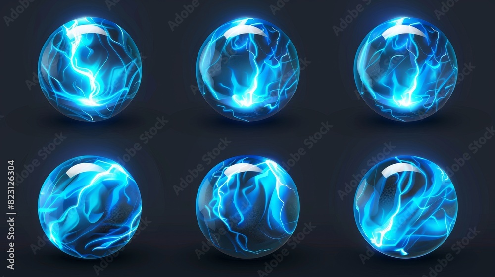 Modern realistic set of safety power barrier, magic glass sphere with blue pattern and glow isolated on black background. Modern realistic set of safety power barrier, magic glass sphere with blue pattern and glow isolated on black background.