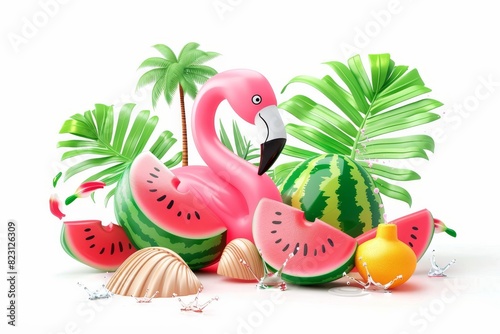 3d modern realistic illustration of flamingo inflatable toy, watermelon, palm trees, shell, and splash of water in the summer.