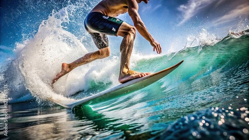 Close-up of a surfer's feet on a surfboard riding a wave with spray flying around