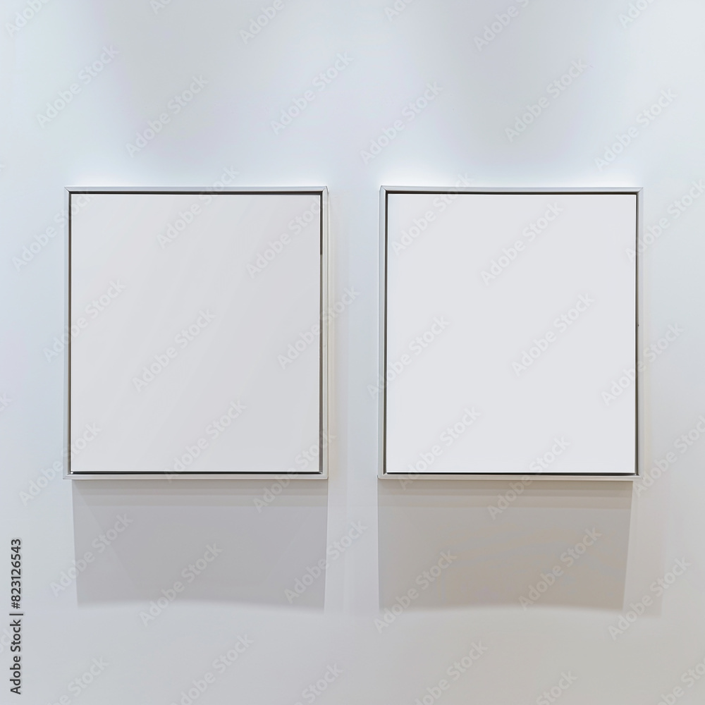Two symmetrically aligned small square blank posters featured in a modern gallery with a pristine white backdrop. Two symmetrically aligned small square blank posters featured in a modern gallery with a pristine white backdrop.