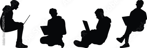 set of silhouette sitting man with laptop on transparent background, vector design