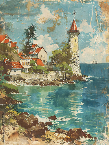 Vintage postcard with a hand-painted watercolor effect, depicting a seaside watchtower photo
