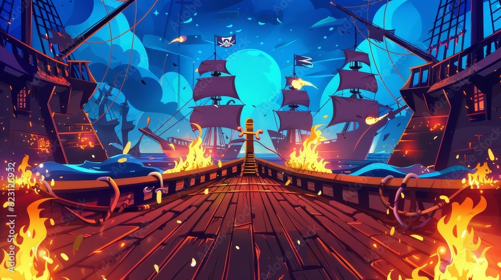 The wooden brigantine boat deck on board a pirate ship with cannon fire ...