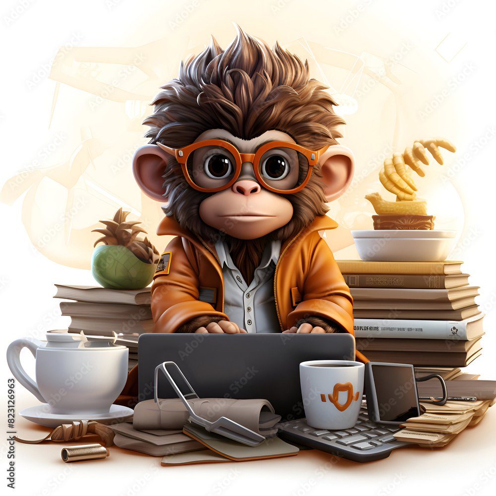 Funny cartoon monkey with a laptop and books. 3d illustration Funny cartoon monkey with a laptop and books. 3d illustration