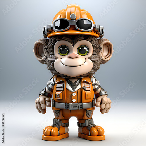 Cute monkey in a construction helmet and orange overalls. 3d rendering.