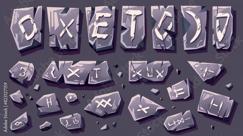 An alphabet of Viking runes with ancient runic signs on grey rock pieces, with alphabet letters, digits, punctuation marks, and futark symbols. photo