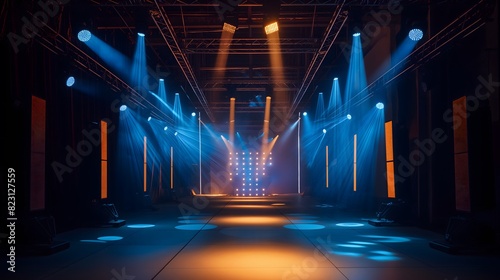 Stage lighting setup with blue and orange spotlights on a runway, creating a dramatic effect photo