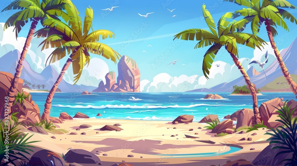 Animated modern background with cartoon summer seascape featuring palm trees on the horizon and a sand beach. Modern parallax background for 2D animation.
