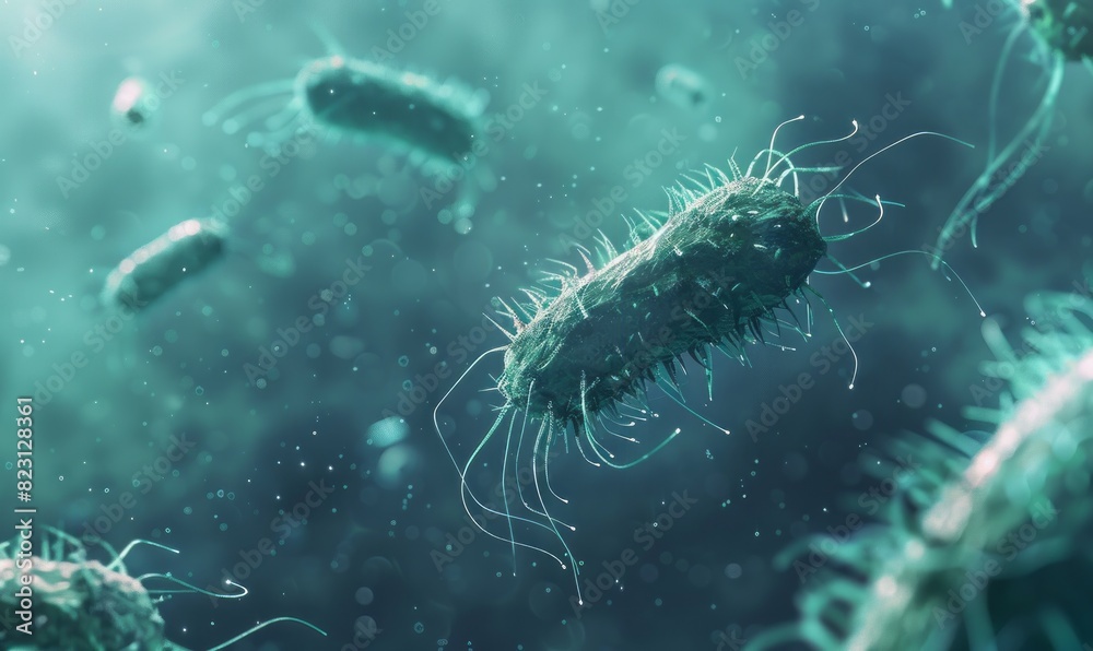 A blue background with several bacteria in the foreground, representing micro fizzing A blue background with several bacteria in the foreground, representing micro fizzing