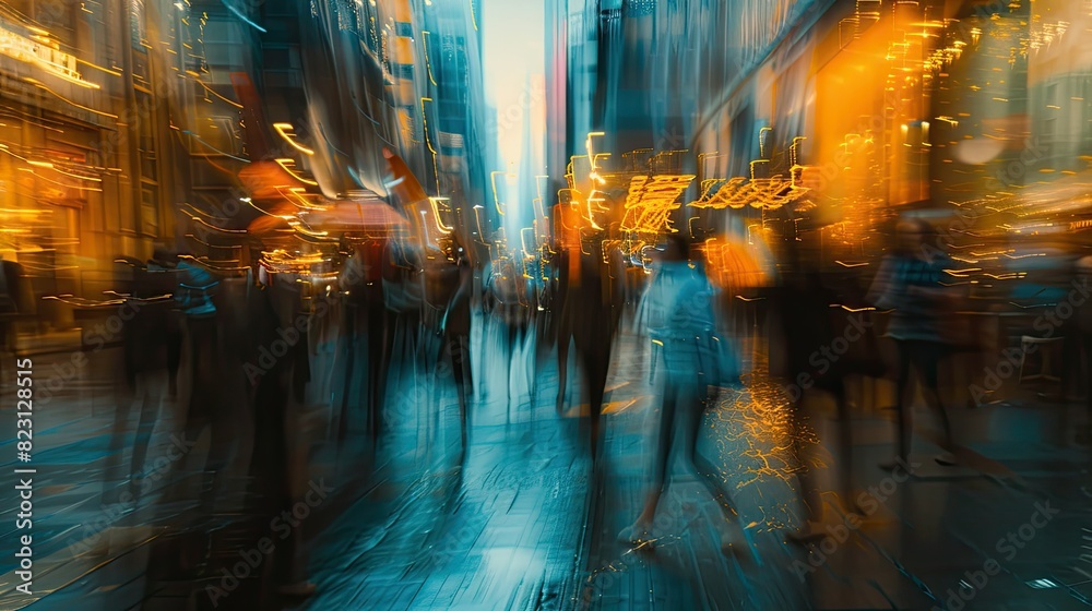 Blurred silhouettes in bustling city street