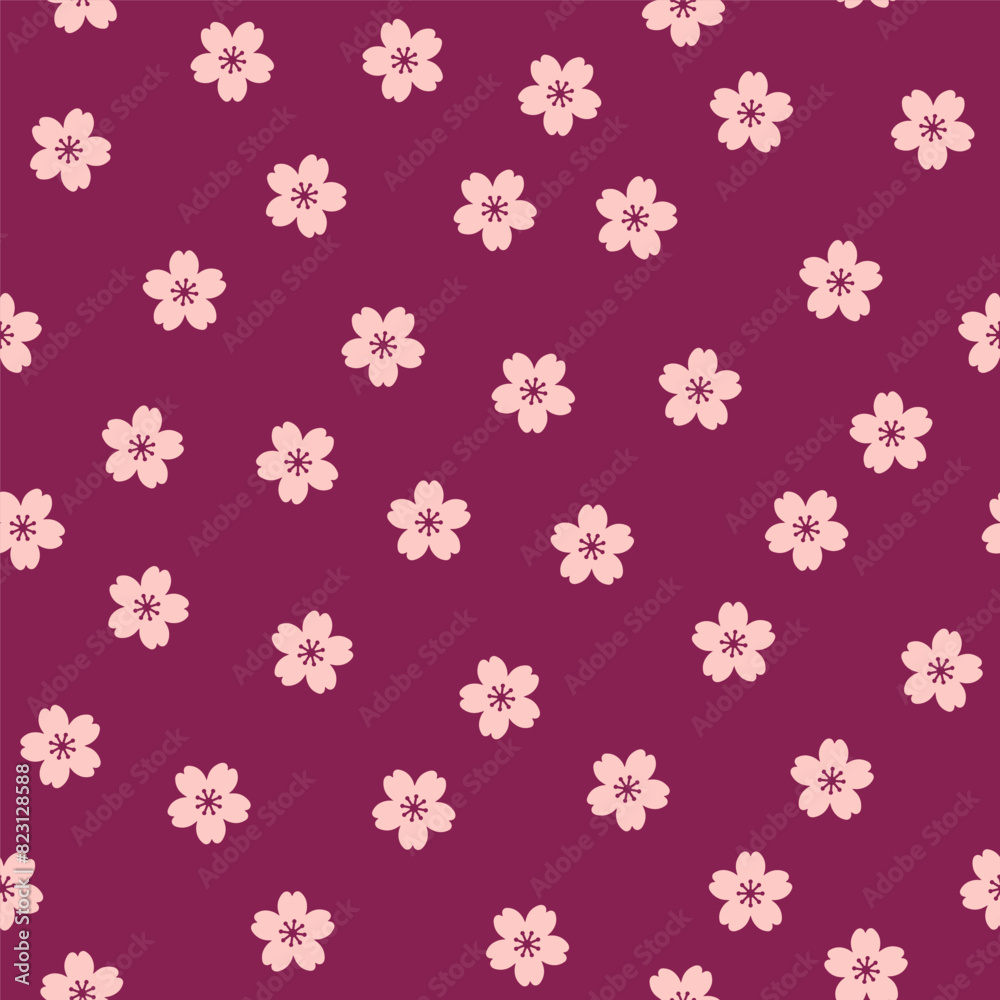 Seamless pattern with pink sakura flowers and burgundy background Seamless pattern with pink sakura flowers and burgundy background