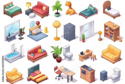 An icon set of furniture 3D moderns, featuring bedroom, children's room, hallway, kitchen, hall, bathroom, garden, and office.