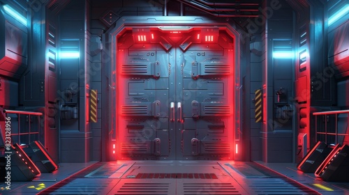 This realistic 3D modern background depicts a metal door in a bunker or secret laboratory  sliding gates with scratched surfaces on a spaceship or alien shuttle  ski-fi entrance.