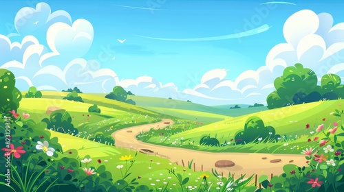 An illustration of the summer countryside with pastures  grass  and farmland in a rural landscape  complete with green agriculture fields  paths  and bushes with flowers.