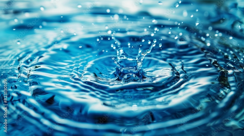 Water drop impact on a transparent blue surface, circular waves spreading outwards Water drop impact on a transparent blue surface, circular waves spreading outwards