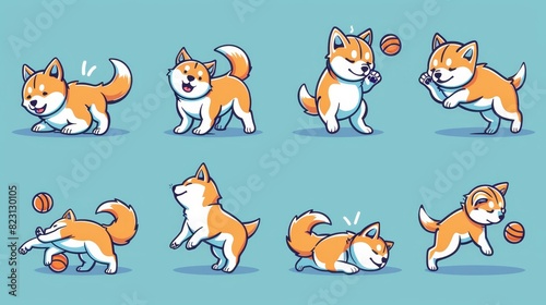 Shibas  happy cartoon characters in different poses. Cute funny pets  japanese dogs standing  lying  playing with balls  and sitting. Color and monochrome illustration in line art.
