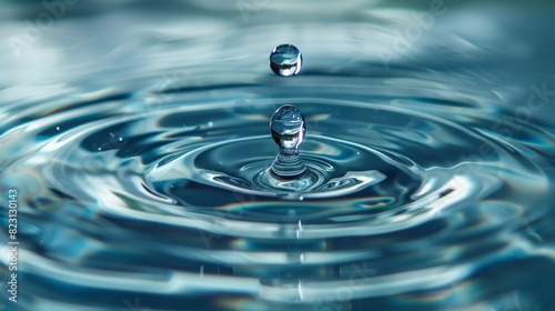 Water drop impact on a transparent blue surface, circular waves spreading outwards